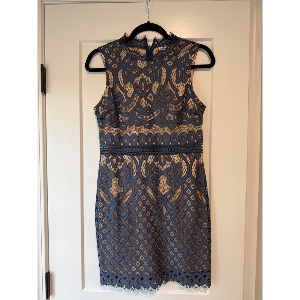 Mi Ami Blue Lace Cocktail Dress Size Small High Neck Nude Lined Wedding Guest